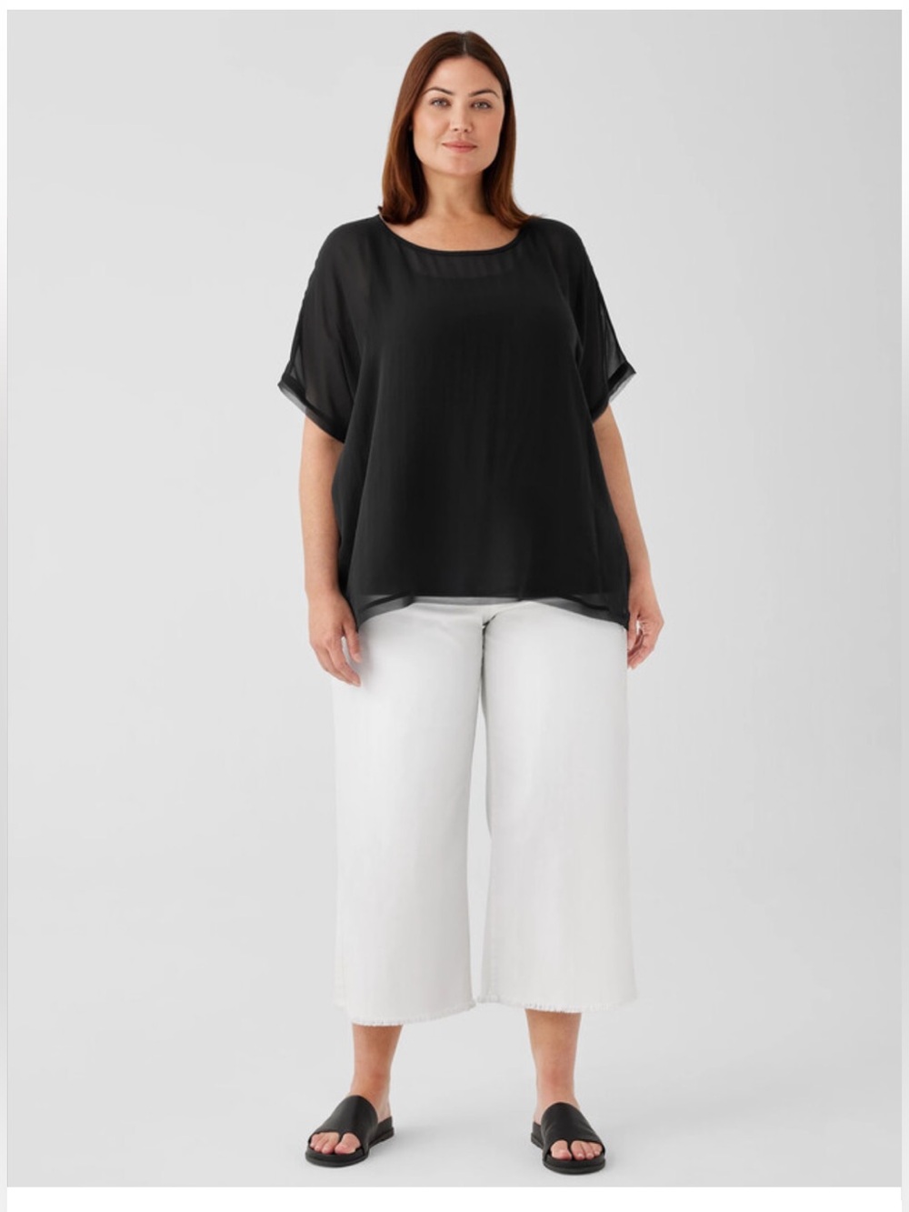 Eileen Fisher Silk Black Sheer Scoop Neck Blouse